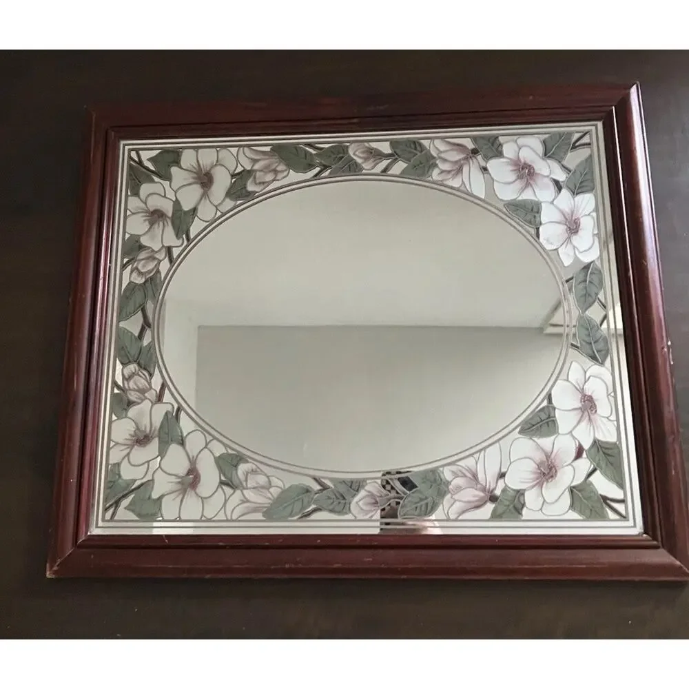 Vtg Romantic Etched Floral Flower Magnolia Oval Mirror Wood Frame Granny Retro